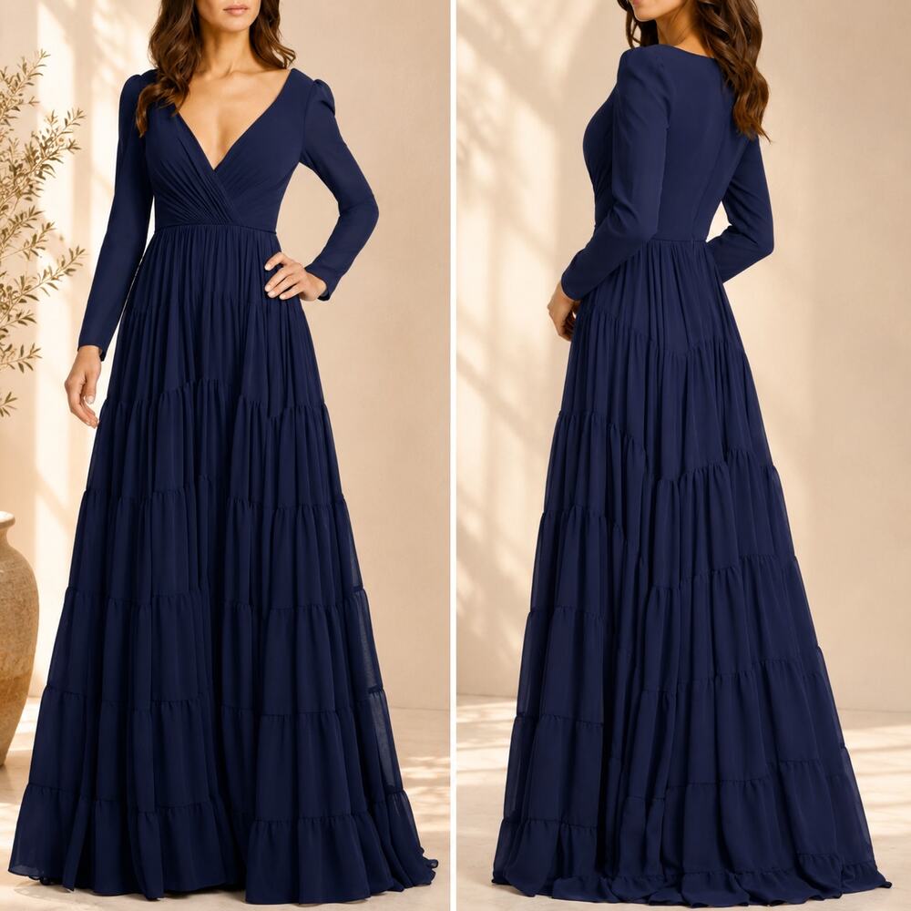 Mac Duggal 55311 Chiffon Tiered A-line Gown Maxi Dress Blue V-neck 6 New